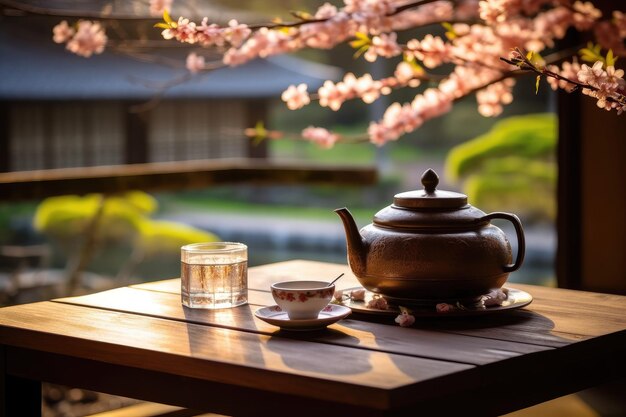 Una taza y una tetera de barro con té en el jardín con flores de cerezo la ceremonia del té