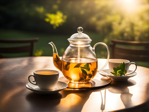 taza y tetera con té verde en la mesa en un día soleado