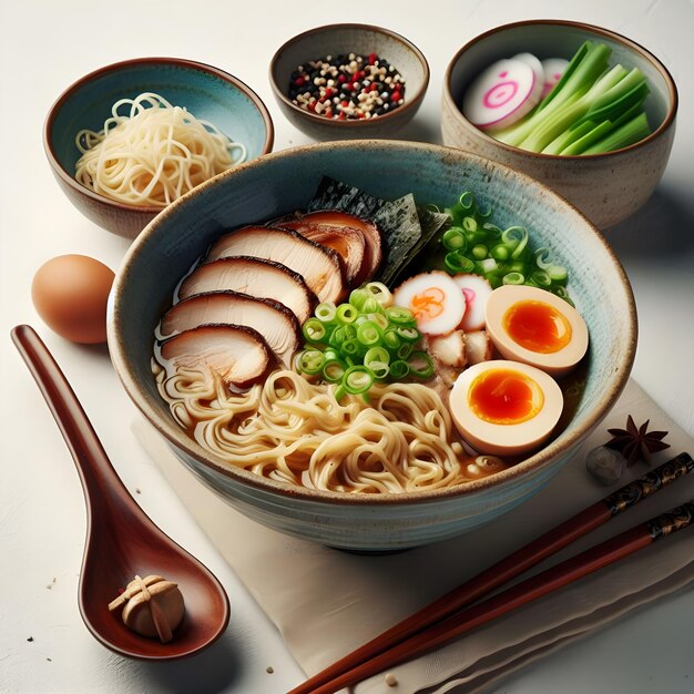 Taza tradicional japonesa de ramen com ovo de porco e legumes em fundo branco