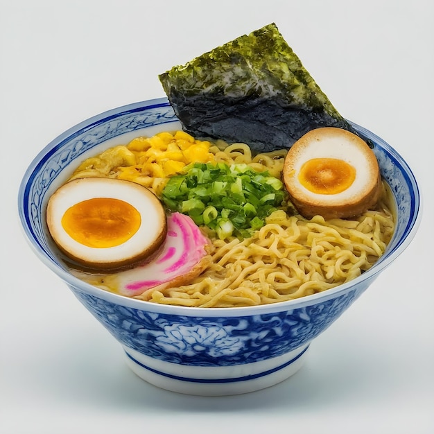 Taza tradicional japonesa de ramen com ovo de porco e legumes em fundo branco