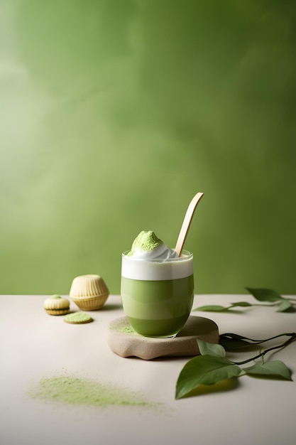 Foto taza transparente de té verde matcha con leche y espuma de leche en una ilustración creativa de posavasos de madera latte matcha caliente sobre fondo verde claro cola sin alcohol verde con leche ia generativa