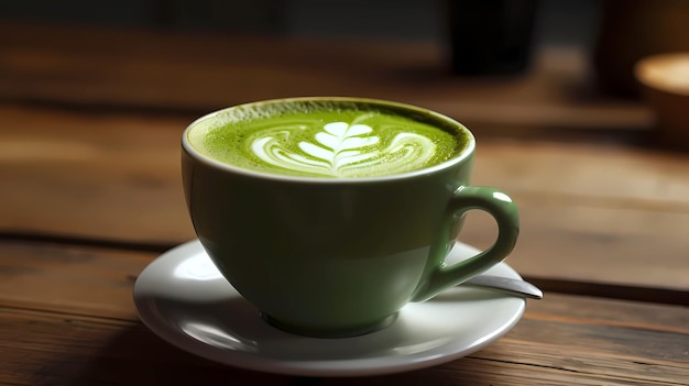 Una taza verde de café caliente con un patrón de hojas en el borde.