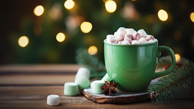 Taza verde de chocolate caliente con malvaviscos sobre una mesa de madera con especias navideñas