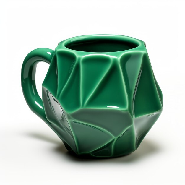 Taza verde geométrica con facetas cubistas de cerámica impresa en 3D única