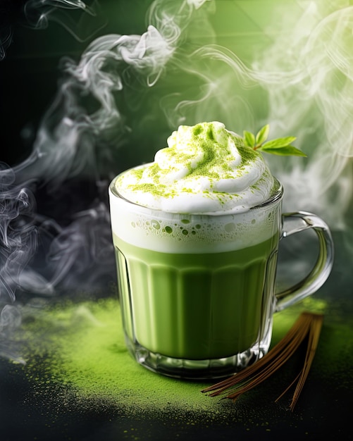 una taza verde de té verde con vapor saliendo de ella.