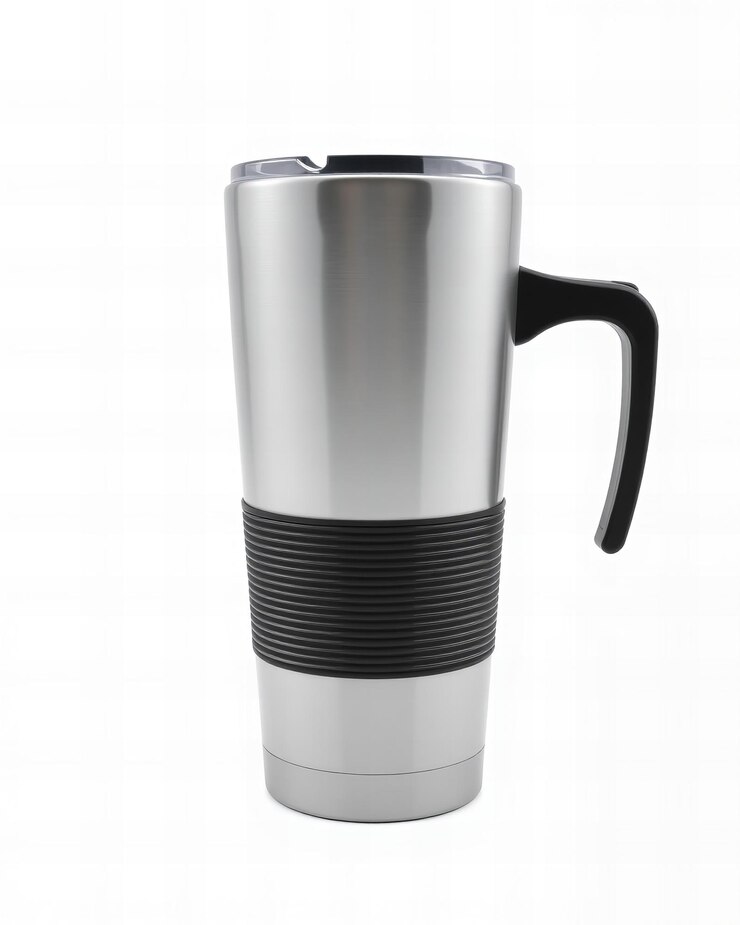 Taza de viaje de aluminio en blanco Fondo blanco