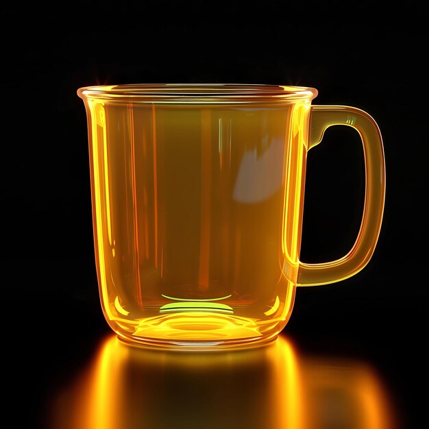una taza de vidrio amarilla con un mango amarillo en un fondo negro