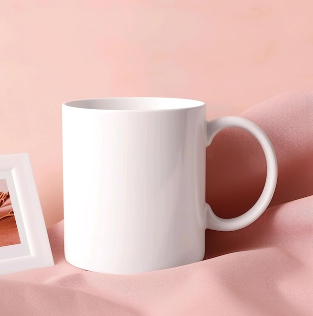 Una taza de vidrio blanca con fondo rosa