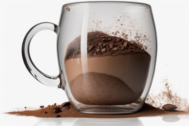 Una taza de vidrio con cacao en polvo que se eleva desde un fondo blanco