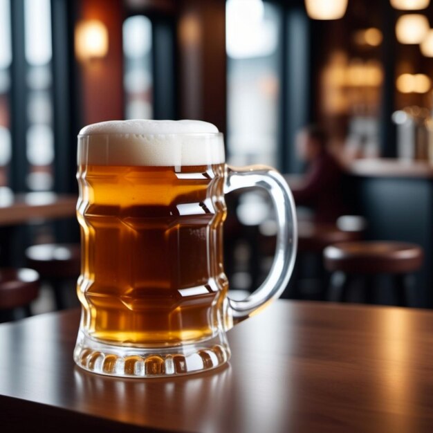 Taza de vidrio de cerveza con mango con cerveza amarilla clara con cerveza de espuma en la mesa en un efecto bokeh de café