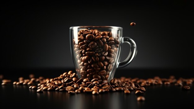 Taza de vidrio con granos de café en la mesa