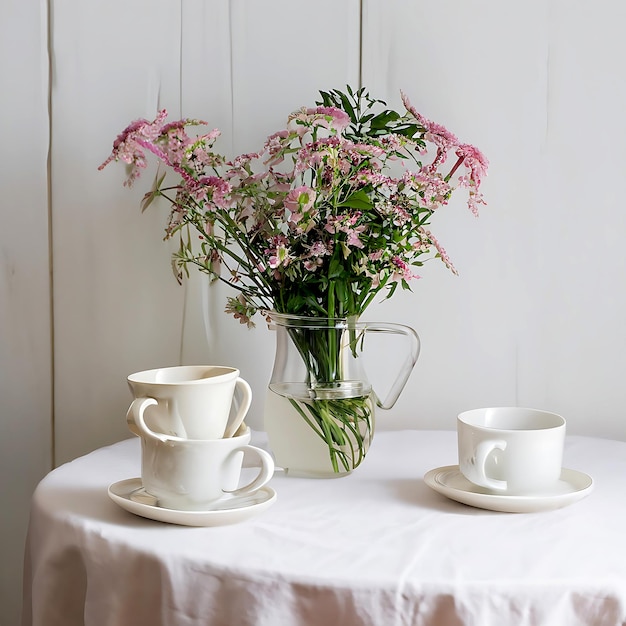 taza de vidrio incoloro con ramo de flores en la mesa