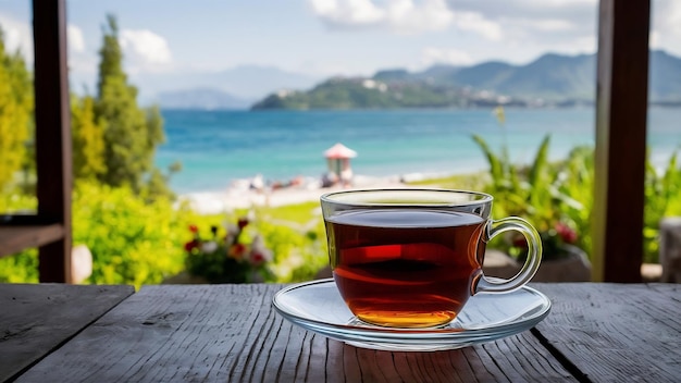 Foto taza de vidrio de té turco servido en estilo tradicional con vista al aire libre de verano