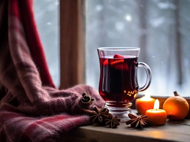 Una taza de vino caliente especias una vela y una manta suave contra el fondo de una ventana