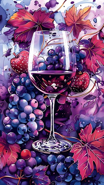 Taza de vino con textura de uvas trituradas Collaje frutal Ef Ilustración Decoración de fondo de tendencia