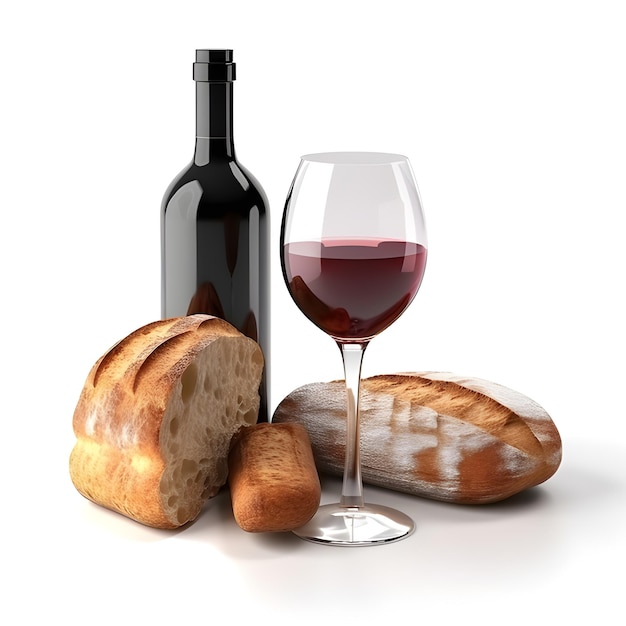 Taza de vino con uvas y pan en blanco IA generativa
