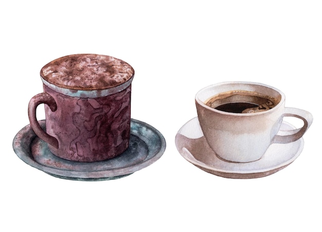 Tazas de acuarela de café cacao aislado sobre fondo blanco.