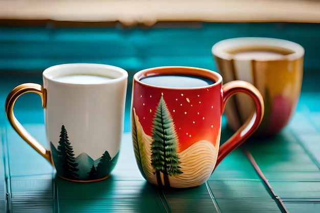 Tazas con árboles y un bosque en el frente.