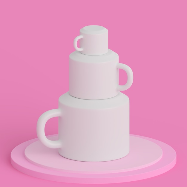 tazas blancas en un estudio minimalista rosa en representación 3d