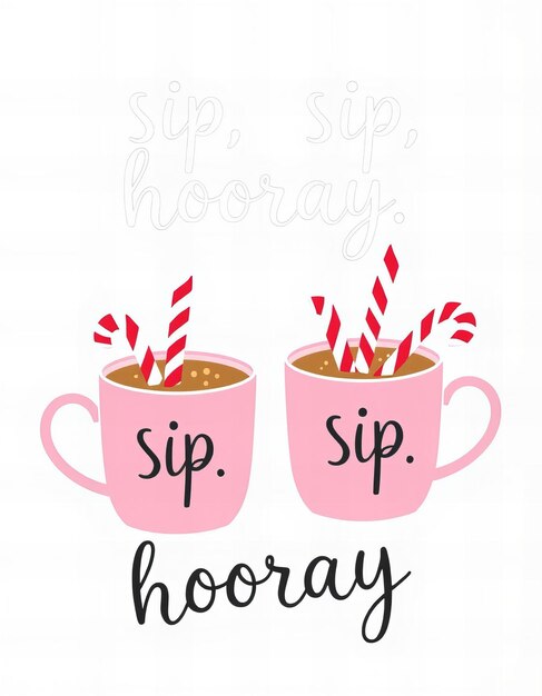 Tazas de cacao caliente con bastones de caramelo y el eslogan sip sip hooray fuente de guión lúdico