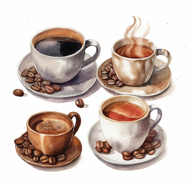 Tazas de café acuarela y platillos con granos de café sobre un fondo blanco.