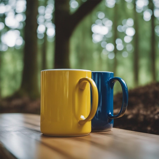 Tazas de café azules y amarillas frente al espejo en el bosque generadas por ai