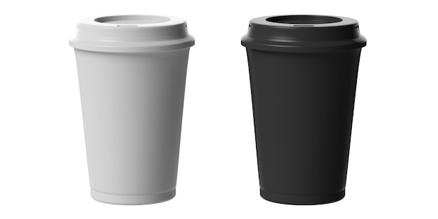 Tazas de café en blanco y negro 2 con un recorte de tapa aislado en una ilustración 3d de fondo blanco