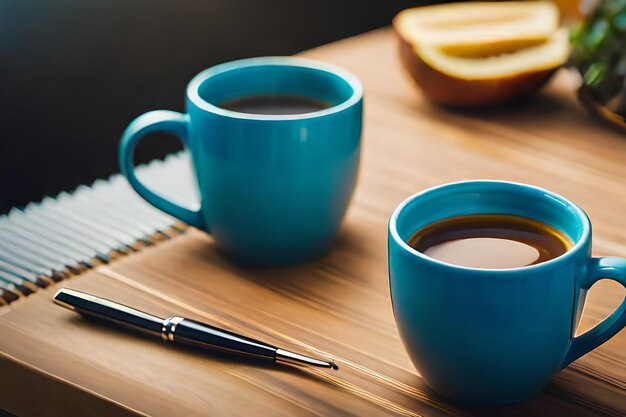 tazas de café y un bolígrafo sobre una mesa con un bolígrafo y un bolígrafo.