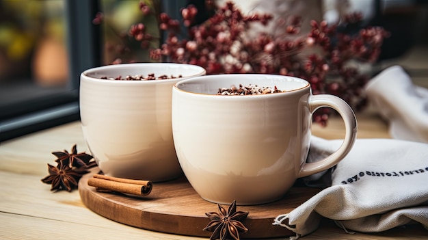 Tazas con café con canela y anís al lado