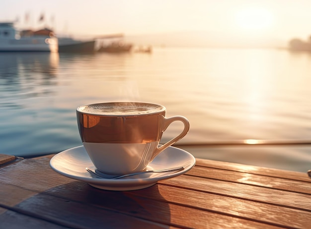 Tazas de café colocadas en la mesa del desayuno junto al río.