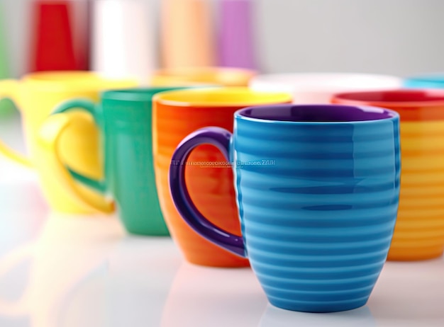 Tazas de café de colores en la mesa sobre fondo grunge