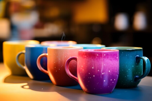 Las tazas de café de colores en la mesa