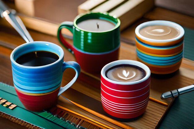 tazas de café coloridas en una mesa con un reloj blanco en el medio.