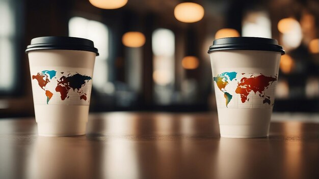 Tazas de café del Día Internacional del Café con la imagen del mapa mundial en la mesa generada por IA