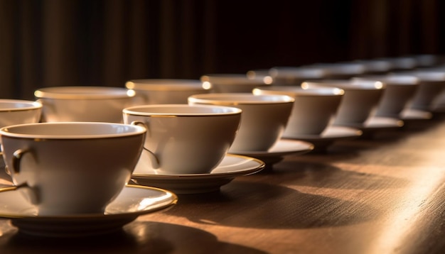 Tazas de café en fila elegantes platillos generados por IA