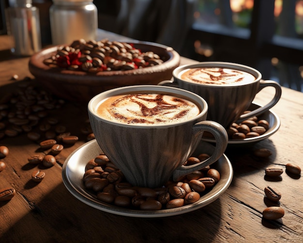 tazas de café Granos de café frescos cultivados localmente en una mesa de madera antigua Gener Generative ai