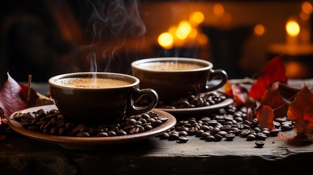 tazas de café con humo y granos de café