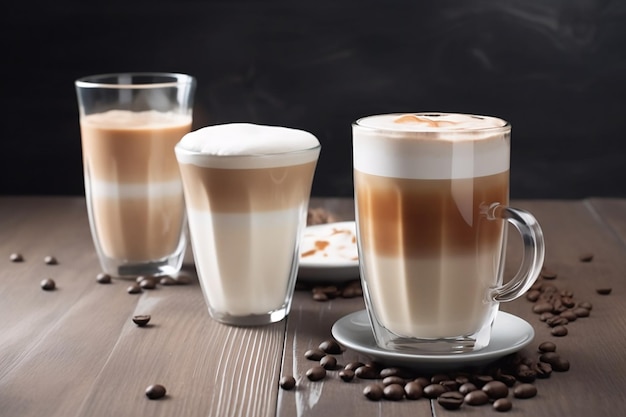 Tazas de café Latte Macchiato en una mesa de madera con granos de café en la mesa