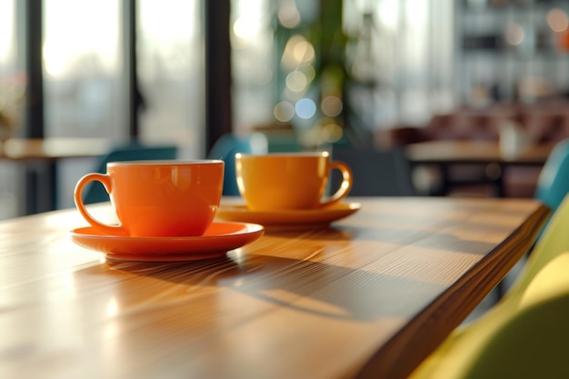 tazas de café en la mesa de la oficina con la gente de la reunión de fondo