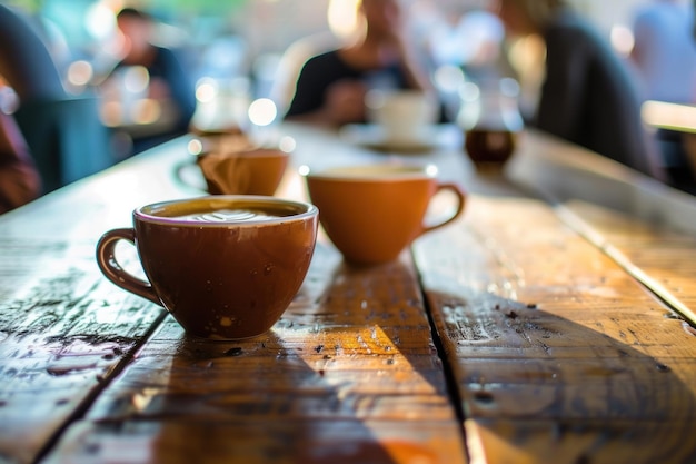 tazas de café en la mesa de la oficina con la gente de la reunión de fondo