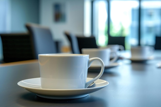 tazas de café en la mesa de la oficina con la gente de la reunión de fondo