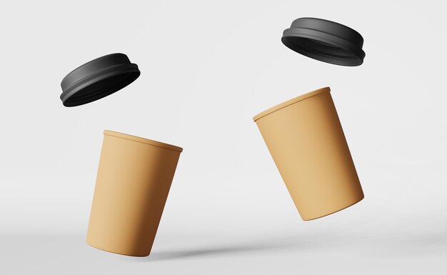 Tazas de café de papel flotante tapa negra volando representación 3D Plantilla de marca de demostración de descuento de bebidas de cafetería
