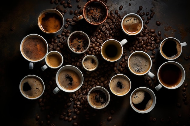 Tazas de café sobre una mesa con granos de café sobre la mesa