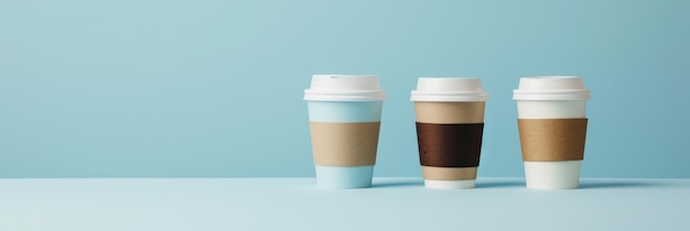 Tazas de café variadas con mangas sobre fondo azul claro espaciadas