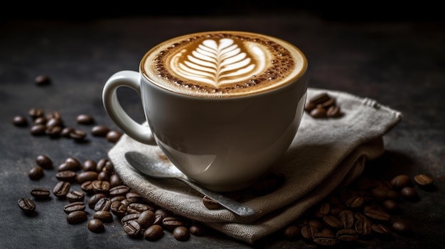 Tazas de capuchino sobre un fondo de superficie de madera IA generativa