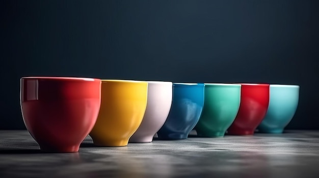 Tazas de cerámica multicolor sobre fondo azul Generativo ai
