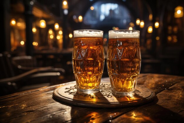 Tazas de cerveza en un bar de temática occidental con barriles de roble generativos IA