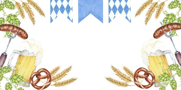 Las tazas de cerveza espumosas, el lúpulo, las salchichas de cebada, los pretzels y las banderas de Baviera crean una bandera festiva.