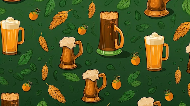 tazas de cerveza en un fondo verde con hojas y hojas.