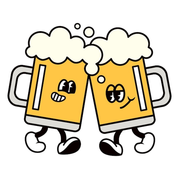 Las tazas de cerveza retro png ilustración de dibujos animados fondo transparente